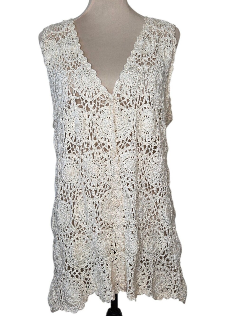 Vintage Jon Christy Hand Crocheted Vest Cotton Cardigan Medium Boho Cottagecore